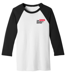 Majority Report baseball shirt with white body and black sleeves